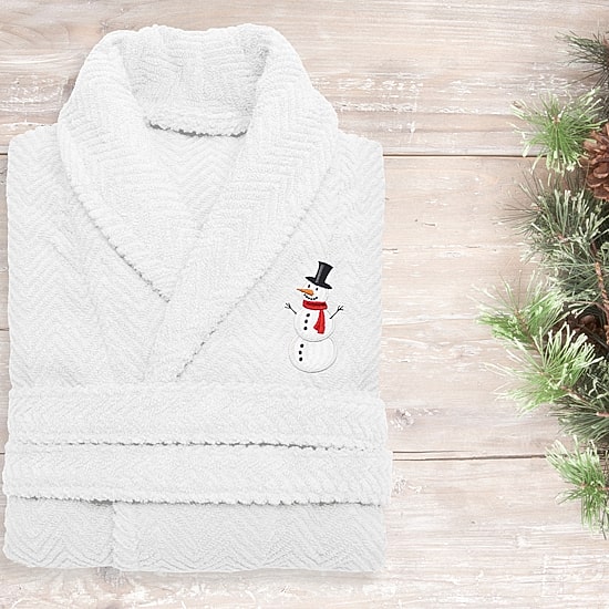 Linum Home Textiles Embroidered Snowman Herringbone Bathrobe Unisex Adult Long Length Long Sleeve Robe