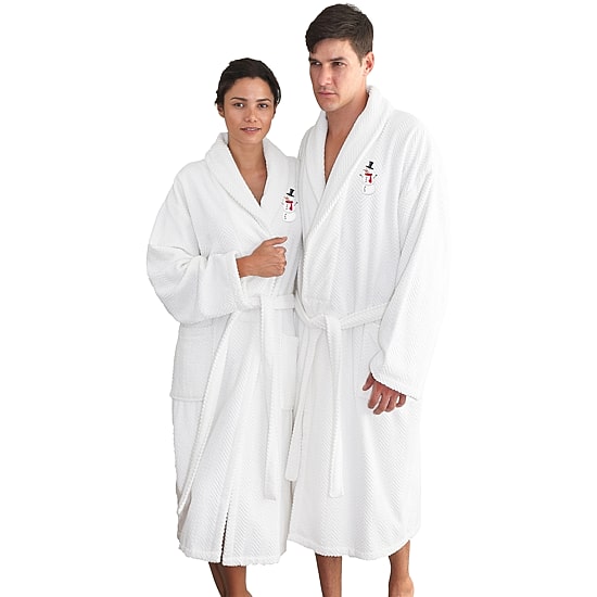 Linum Home Textiles Embroidered Snowman Herringbone Bathrobe Unisex Adult Long Length Long Sleeve Robe