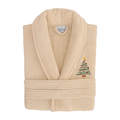 Linum Home Textiles Embroidered Christmas Tree Terry Bathrobe Unisex Adult Long Length Long Sleeve Robe, Large-x-large, Beige