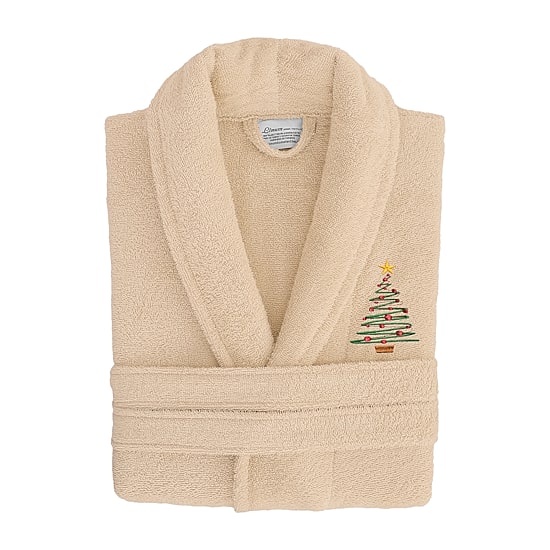Linum Home Textiles Embroidered Christmas Tree Terry Bathrobe Unisex Adult Long Length Long Sleeve Robe