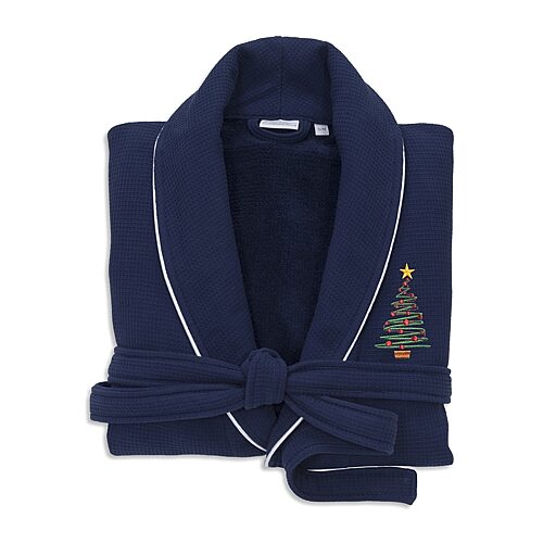 Linum Home Textiles Embroidered Christmas Tree Waffle Terry Bathrobe Unisex Adult Long Length Long Sleeve Robe, Large-x-large, Blue