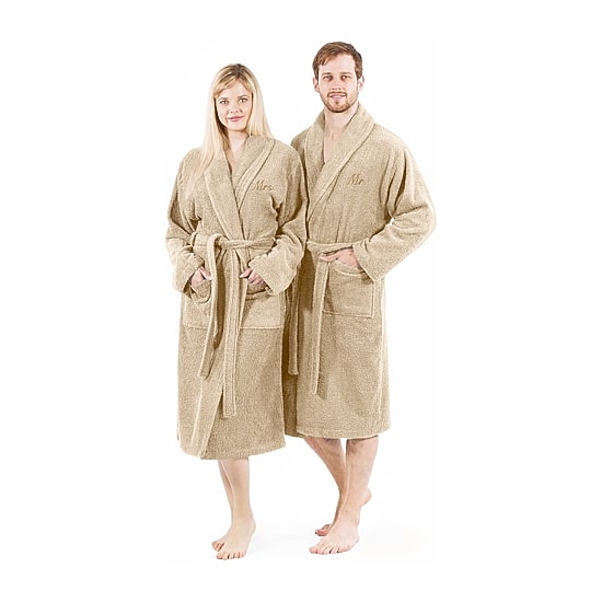 Linum Home Textiles Embroidered Mrs Terry Bathrobe Unisex Adult Terry Cloth Long Sleeve Long Length Robe