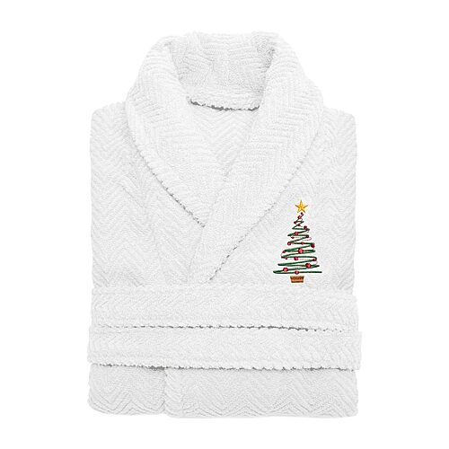 Linum Home Textiles Embroidered Christmas Tree Herringbone Bathrobe Unisex Adult Long Length Long Sleeve Robe, Small-medium, White