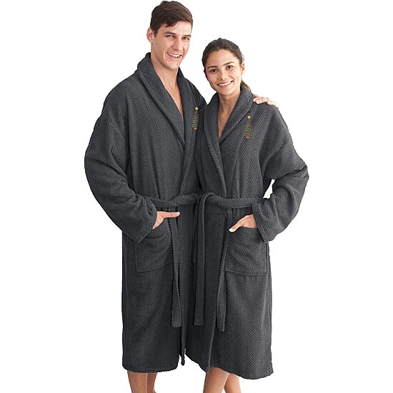Linum Home Textiles Embroidered Christmas Tree Herringbone Bathrobe Unisex Adult Long Sleeve Long Length Robe