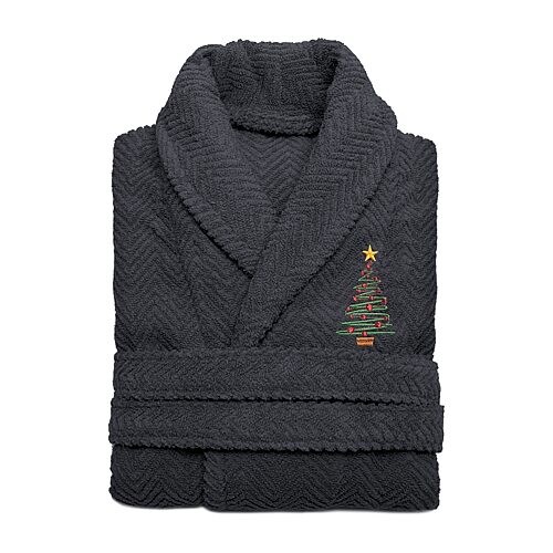 Linum Home Textiles Embroidered Christmas Tree Herringbone Bathrobe Unisex Adult Long Length Long Sleeve Robe, Small-medium, Gray