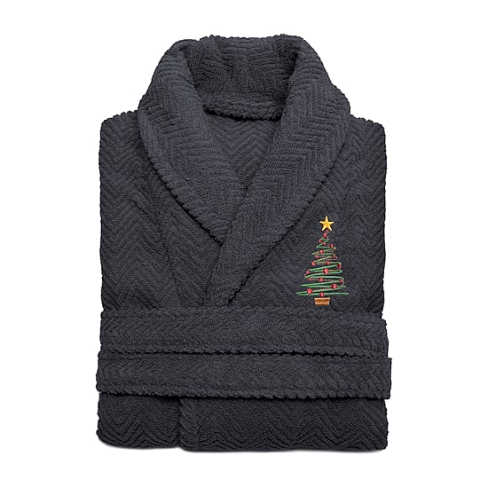 Linum Home Textiles Embroidered Christmas Tree Herringbone Bathrobe Unisex Adult Long Sleeve Long Length Robe