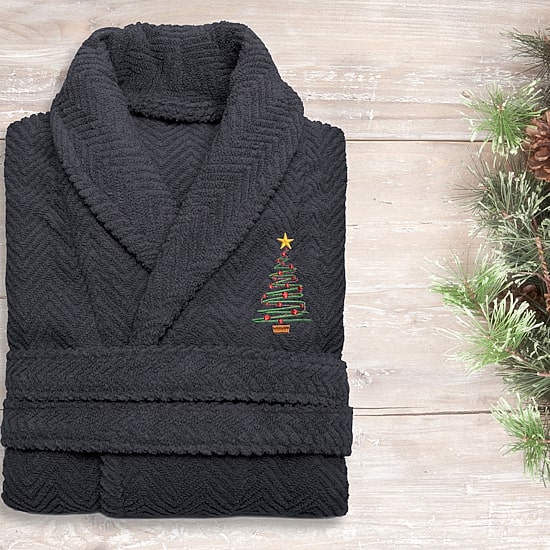 Linum Home Textiles Embroidered Christmas Tree Herringbone Bathrobe Unisex Adult Long Sleeve Long Length Robe