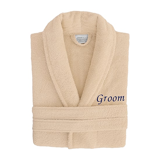 Linum Home Textiles Embroidered Groom Terry Bathrobe Unisex Adult Terry Cloth Long Sleeve Long Length Robe