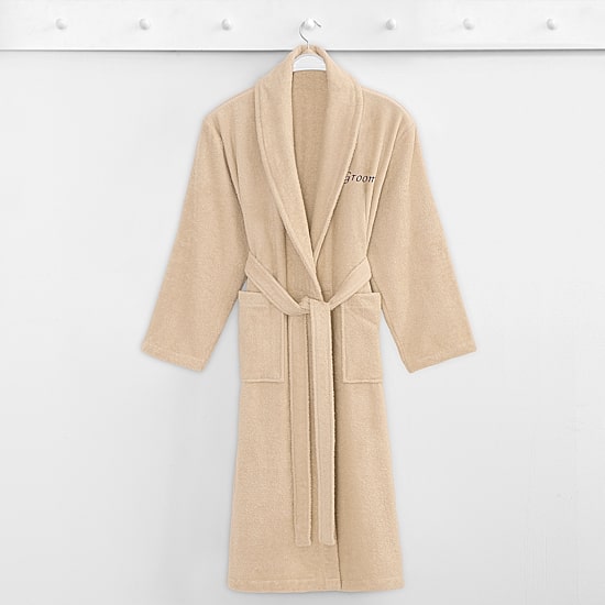 Linum Home Textiles Embroidered Groom Terry Bathrobe Unisex Adult Terry Cloth Long Sleeve Long Length Robe