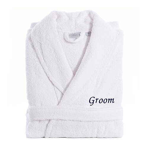 Linum Home Textiles Embroidered Groom Terry Bathrobe Unisex Adult Long Length Long Sleeve Robe, Small-medium, White