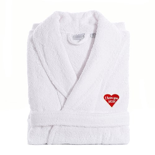 Linum Home Textiles Embroidered I Love You Mom Terry Bathrobe Unisex Adult Long Length Long Sleeve Robe, Small-medium, White