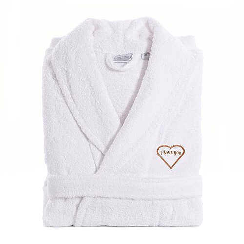 Linum Home Textiles Embroidered I Love You Terry Bathrobe Unisex Adult Long Length Long Sleeve Robe, Small-medium, White