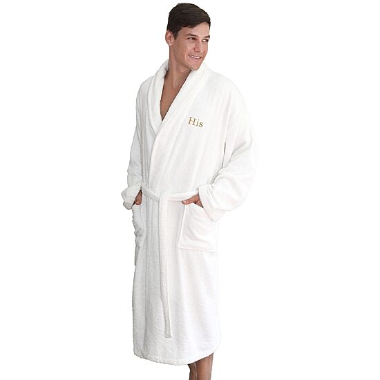 Linum Home Textiles Embroidered His Terry Bathrobe Unisex Adult Long Length Long Sleeve Robe