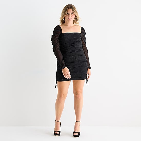 Jump Apparel Womens Juniors Plus Straight Neck Long Sleeve Off the Shoulder Glitter Bodycon Dress