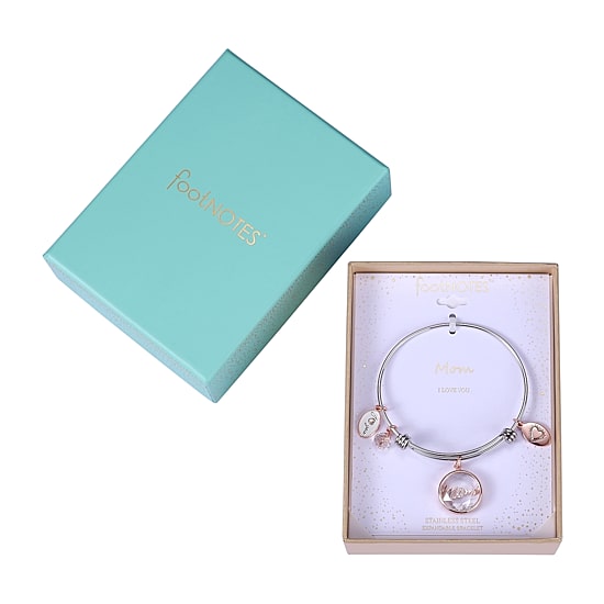 Footnotes Mom Womens Crystal Stainless Steel Round Bangle Bracelet