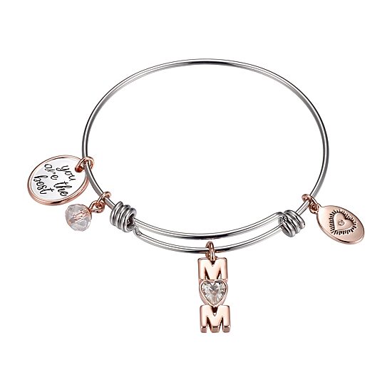 Footnotes Mom Womens Crystal Stainless Steel Heart Bangle Bracelet