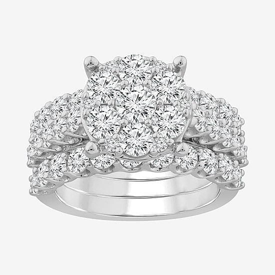 Round 4 CT.T.W. Natural Diamond Side Stone Bridal Set in 10K or 14K White Gold