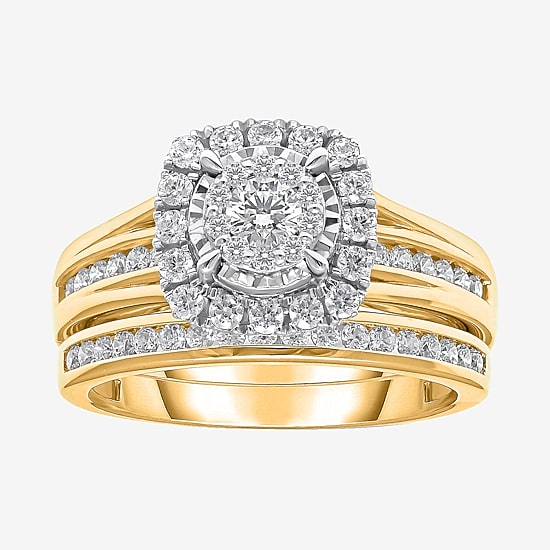 (I / SI2) Womens 1 CT. T.W. Lab Grown White Diamond 10K or 14K Gold Cushion Side Stone Halo Bridal Set
