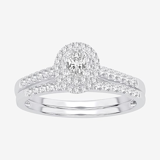 Oval 1/2 CT.T.W. Natural Diamond Side Stone Halo Bridal Set in 10K or 14K White Gold