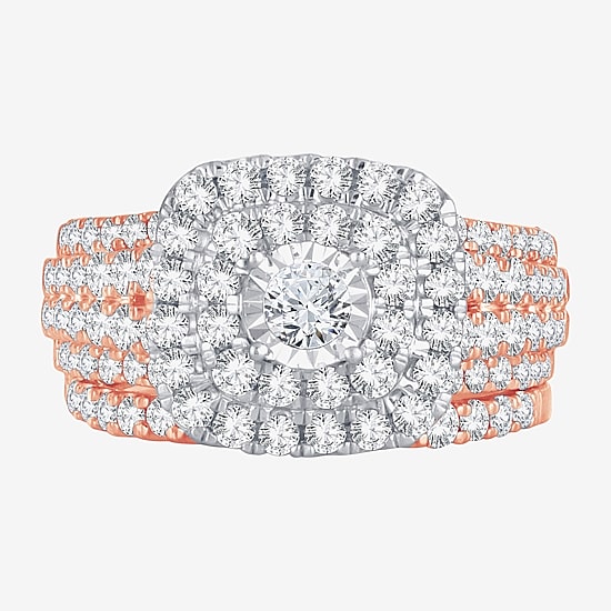 Womens 2 CT. T.W. Natural White Diamond 10K Gold Cushion Halo Bridal Set