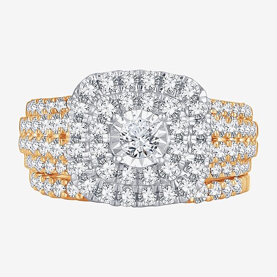 Womens 2 CT. T.W. Natural White Diamond 10K Gold Cushion Halo Bridal Set