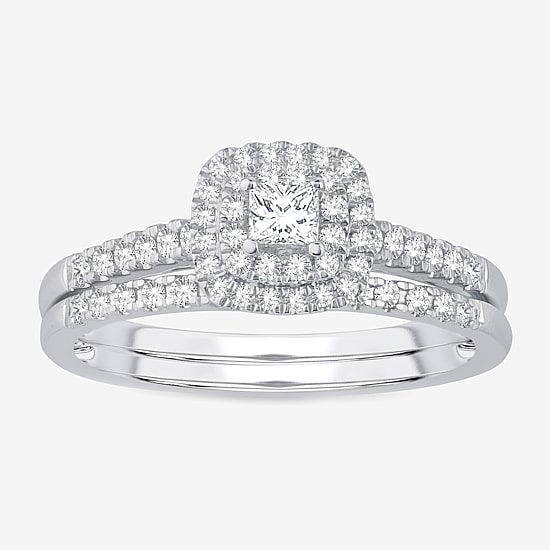 1/2 CT.T.W. Natural Diamond Cushion Shape Side Stone Halo Bridal Set in 10K or 14K Gold