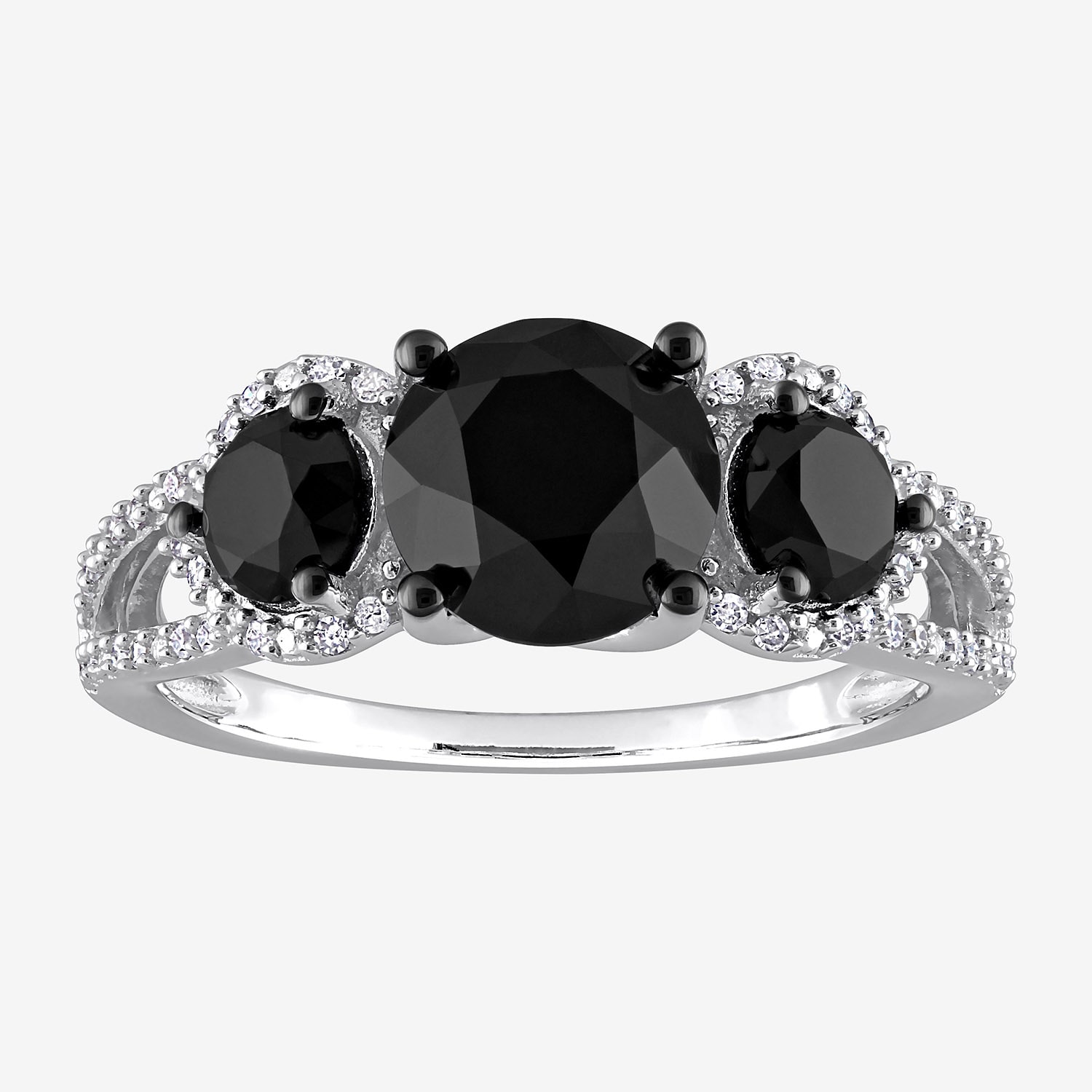 Midnight Black Womens 3 CT. T.W. Natural Black Diamond 10K Gold Round Side Stone 3-Stone Engagement Ring