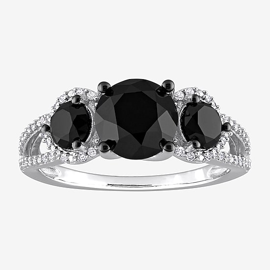 Midnight Black Womens 3 CT. T.W. Natural Black Diamond 10K Gold Round Side Stone 3-Stone Engagement Ring