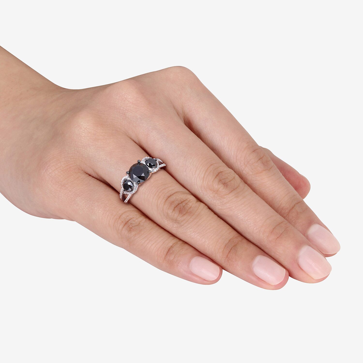Midnight Black Womens 3 CT. T.W. Natural Black Diamond 10K Gold Round Side Stone 3-Stone Engagement Ring