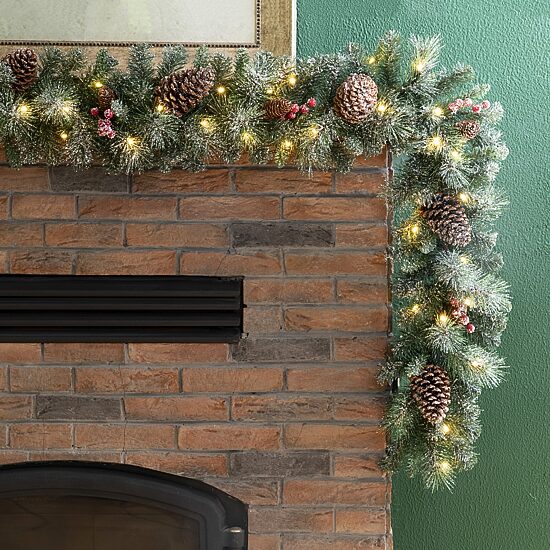 Glitzhome Glittered Pine Cone Pre-Lit Indoor Christmas Garland
