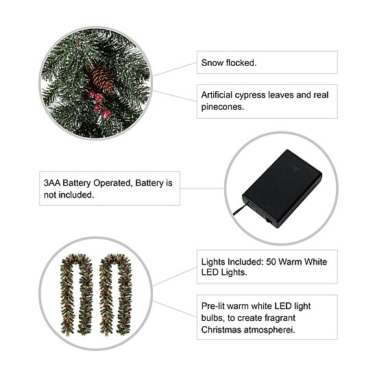 Glitzhome Glittered Pine Cone Pre-Lit Indoor Christmas Garland