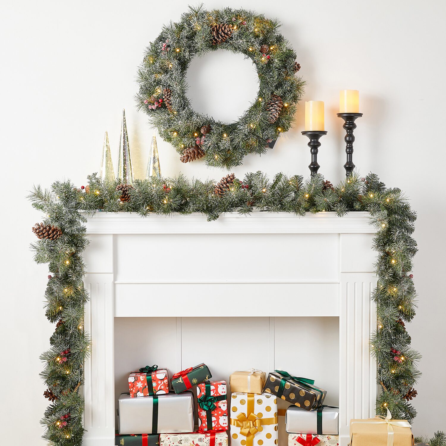 Glitzhome 2-Pack Pre-Lit Indoor Christmas Garland & Wreath Set