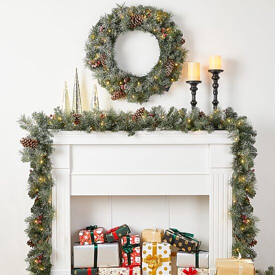 Glitzhome 2-Pack Pre-Lit Indoor Christmas Garland & Wreath Set