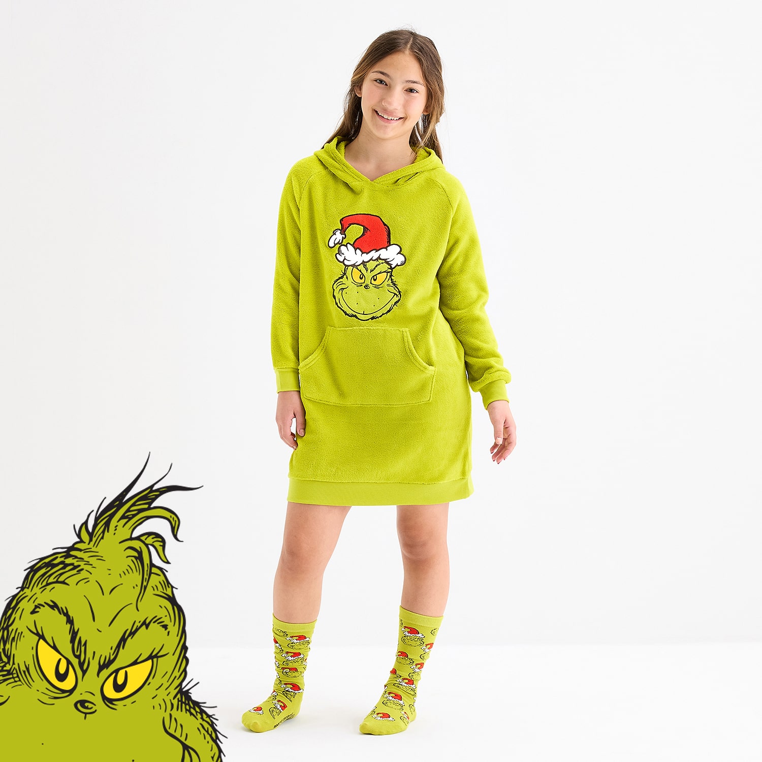 Little & Big Kid Girls Fleece Long Sleeve Hooded Dr. Seuss Grinch Matching Family Nightgown