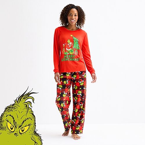 Dr. Seuss Womens  Grinch Crew Neck Long Sleeve 2-pc. Matching Family Pajama Set In Red