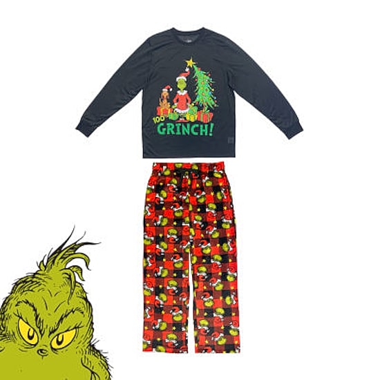 Mens Dr. Seuss Grinch Microfleece Crew Neck Long Sleeve 2-pc. Matching Family Big Pajama Set