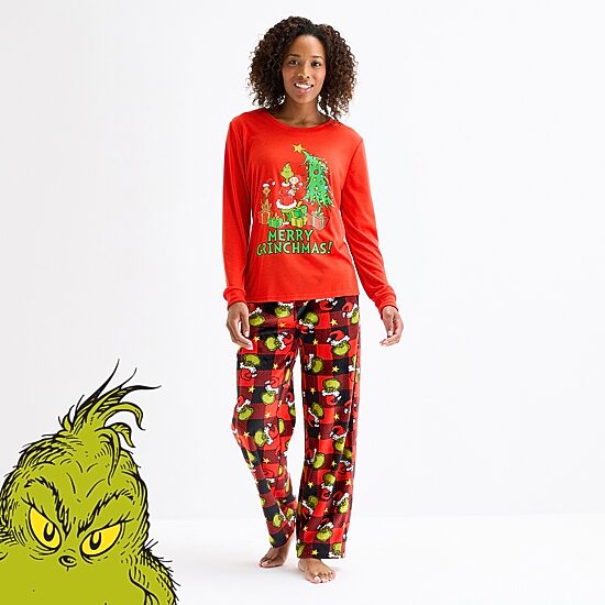 Womens Dr. Seuss Grinch Microfleece Crew Neck Long Sleeve 2-pc. Matching Family Pajama Set