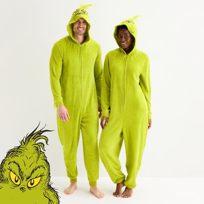 Unisex Adult Fleece Long Sleeve Hooded Dr. Seuss Grinch Matching Family One Piece Pajama