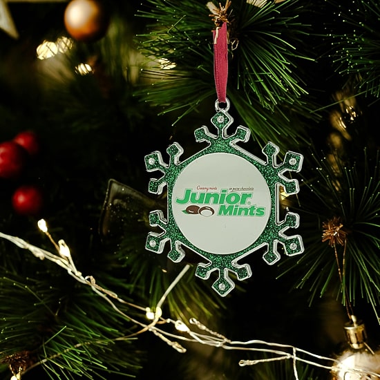 3.25'' Green and Silver Snowflake 'Junior Mints' Candy Logo Christmas Ornament