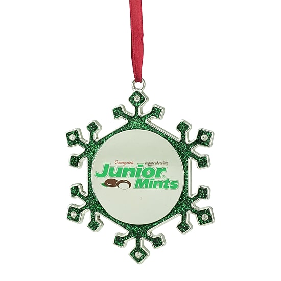 3.25'' Green and Silver Snowflake 'Junior Mints' Candy Logo Christmas Ornament