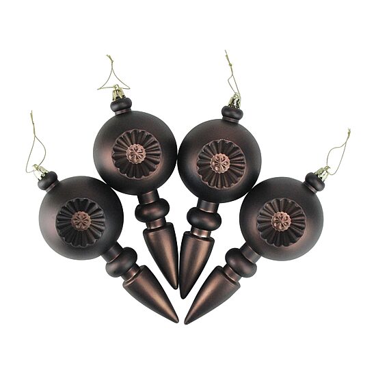 4ct Matte Brown Retro Reflector Shatterproof Christmas Finial Ornaments 7.5"