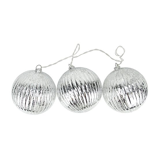 Set of 3 Lighted Silver Mercury Glass Finish Ribbed Ball Christmas Ornaments - Clear Lights