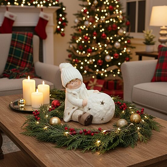 12.5'' White Christmas Snowball with Sitting Boy Tealight Candle Holder