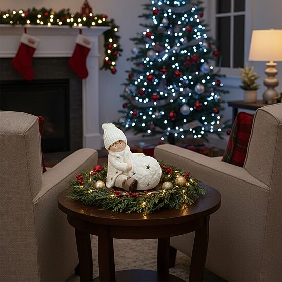 12.5'' White Christmas Snowball with Sitting Boy Tealight Candle Holder