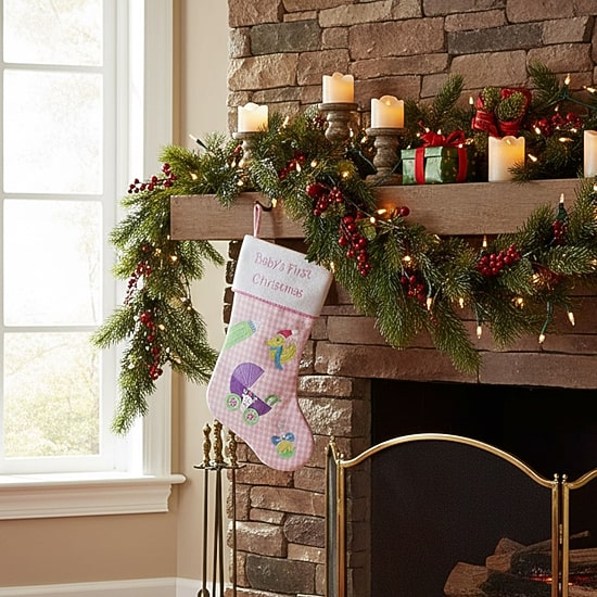 18.5'' Pink and White ''Baby's First Christmas'' Embroidered Stocking