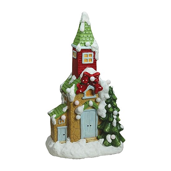 21.25'' Green and White Pre-Lit LED Snow Covered Church Christmas Tabletop Figurine