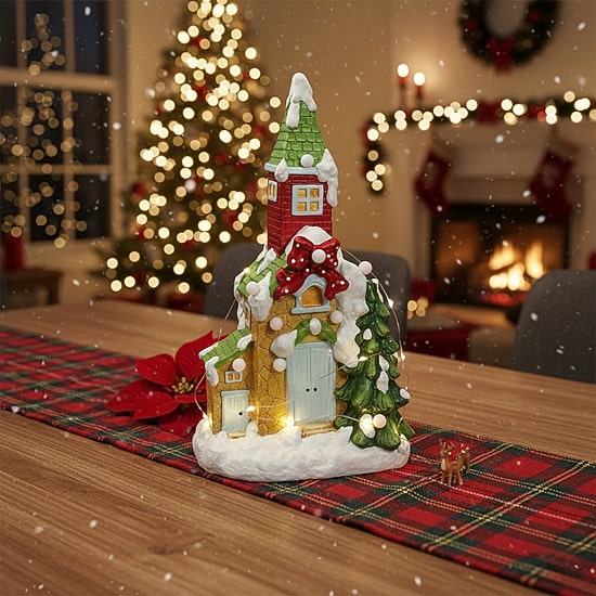21.25'' Green and White Pre-Lit LED Snow Covered Church Christmas Tabletop Figurine