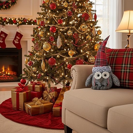 16.75'' Red and Gray Traditional Owl Christmas Tabletop Figurine