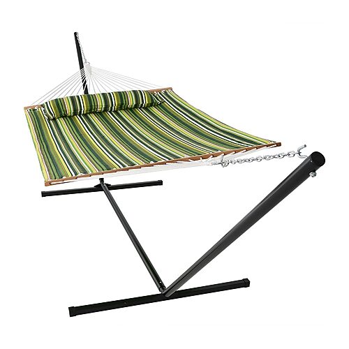 Outdoor 2-Person Quilted Fabric Hammock with Spreader Bars and Freestanding Stand - Melon stripe