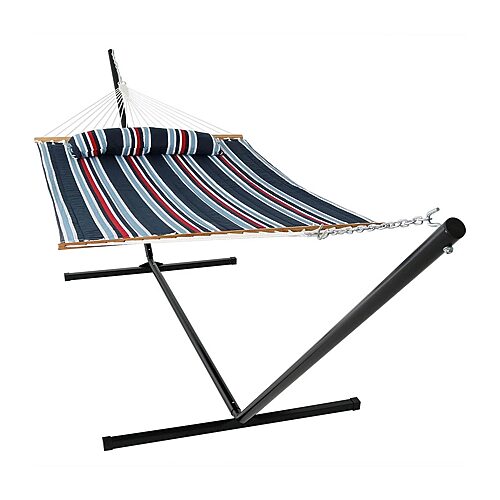 Outdoor 2-Person Quilted Fabric Hammock with Spreader Bars and Freestanding Stand - Nautical stripe